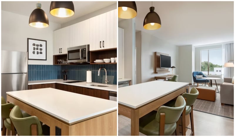 A collage of two images: On the left is a kitchen area with a dining surface and right is a living area.
