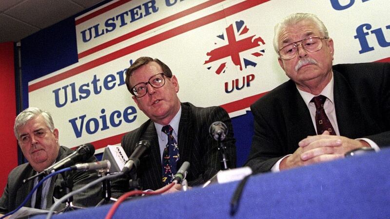 The then John Taylor pictured in 1998 with UUP leader David Trimble and party colleague Ken McGuinness. Picture by Brian Morrison/Pacemaker Press 