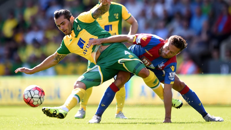 Norwich City's Bradley Johnson tangles with Crystal Palace's Yohan Cabaye during the Barclays Premier League match at Carrow Road on Saturday<br />Picture: PA