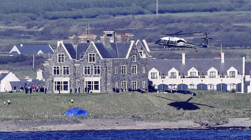 Marine One, carrying US President Donald Trump and First Lady Malania Trump comes in to land at Doonbeg, County Clare, on the first day of their visit to the Republic. Picture by Niall Carson/PA Wire