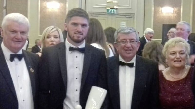 William James Smith (second from right) with wife Aileen, former GAA president Aog&aacute;n &Oacute; Fearghail and fellow Glasdrumman clubman Connaire Harrison at last year&#39;s Irish News Allstar awards 