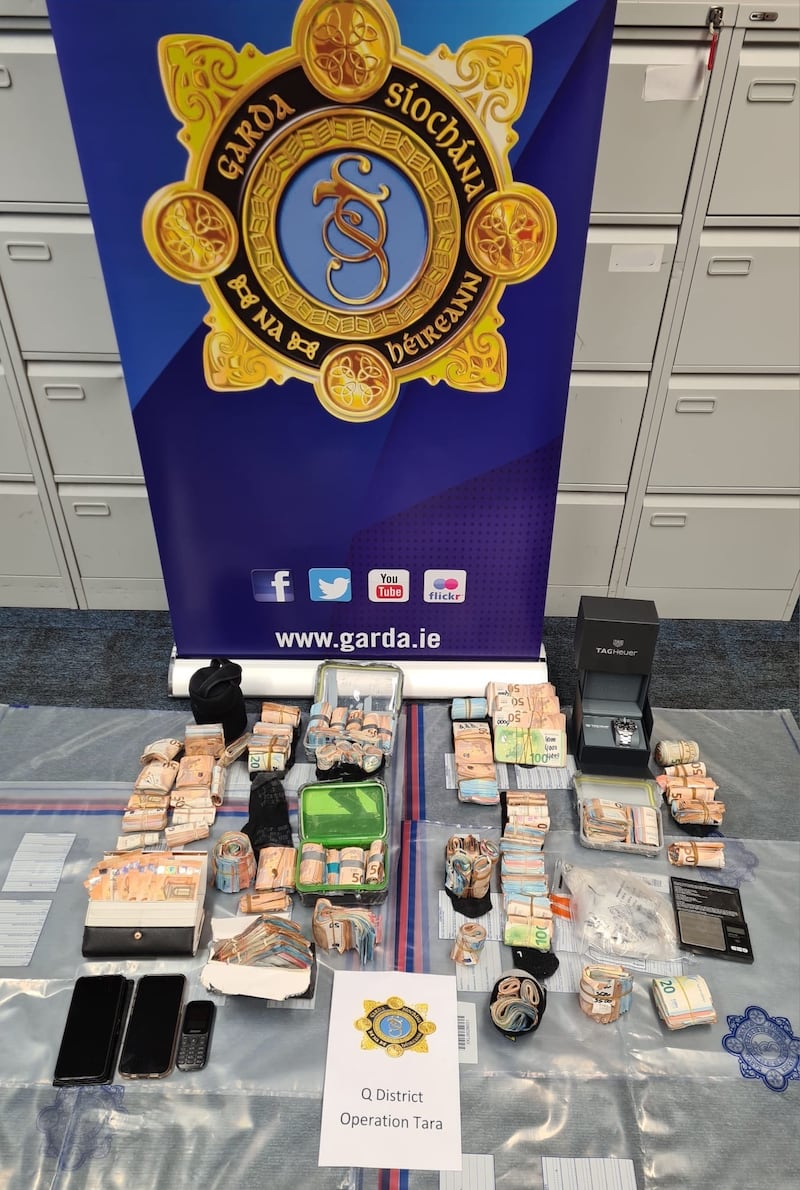 An Garda Siochana handout photo of cash seized following a search in Dublin