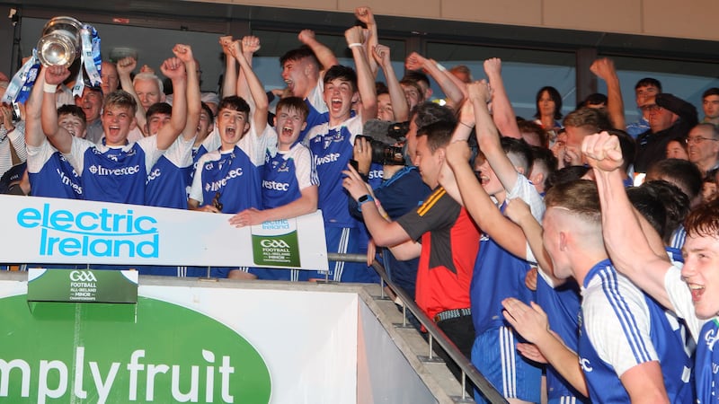 Monaghan minors celebrate their Electric Ireland Ulster MFC Final triumph against Derry.