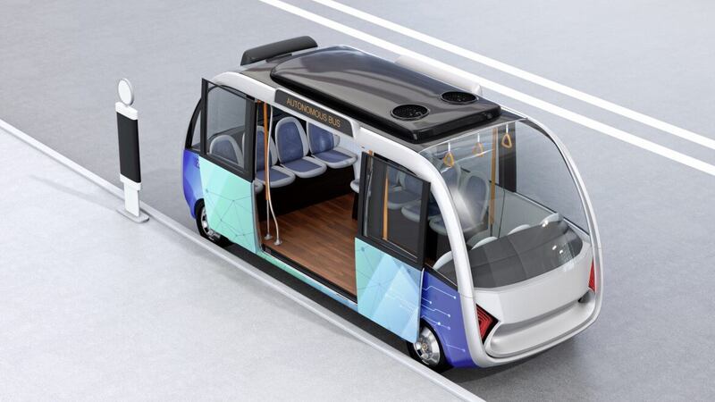 Computer-generated image of the type of autonomous shuttle bus which will soon be in use in Belfast Harbour.