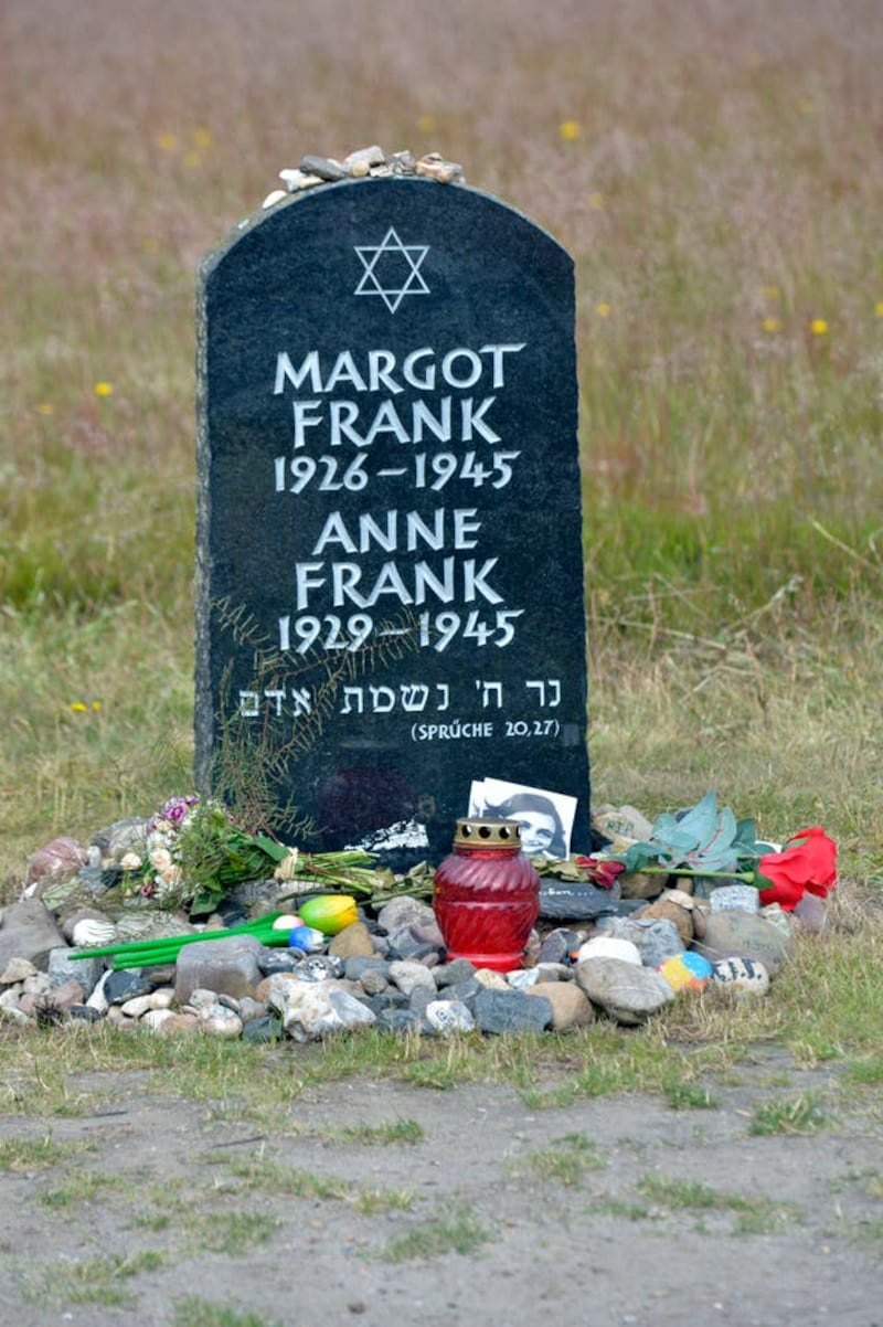 Gravestone of Anne Frank and her sister Margot at the Bergen-Belsen concentration camp