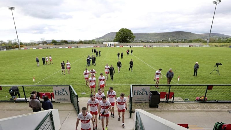 Derry players leave the pitch after beating Fermanagh last weekend. Picture by Margaret McLaughlin. 