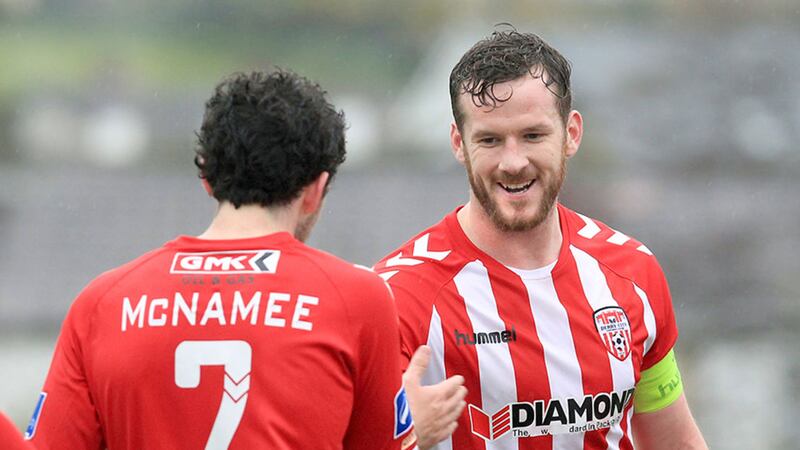 One of the last pictures of Derry City FC captain Ryan McBride as he congratulates Barry McNamee on his goal against Drogheda at McGinn Park in Buncrana on Saturday 18th March. Ryan was found dead on Sunday 19th at his home. Picture Margaret McLaughlin&nbsp;