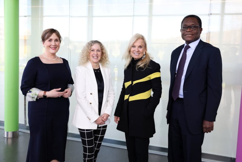 L-R: Moira Doherty, head of skills and education at the Department for the Economy; Louise Warde Hunter, principal and CEO of Belfast Met; Jane D. Hartley, US Ambassador to the UK; and Bernard Mensah, president of international, Bank of America. Picture by Kelvin Boyes