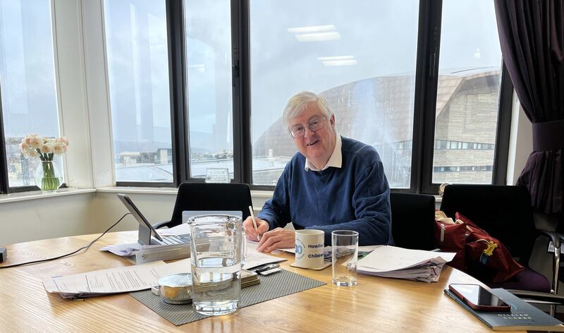 Outgoing First Minister of Wales Mark Drakeford preparing for his final First Minster’s Questions (FMQ’s) at the Senedd in Cardiff