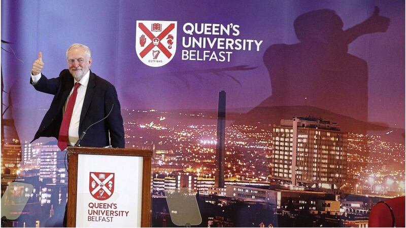 Jeremy Corbyn speaking at Queen&#39;s University Belfast on Thursday during his first visit to Northern Ireland as Labour leader. Picture by Hugh Russell 