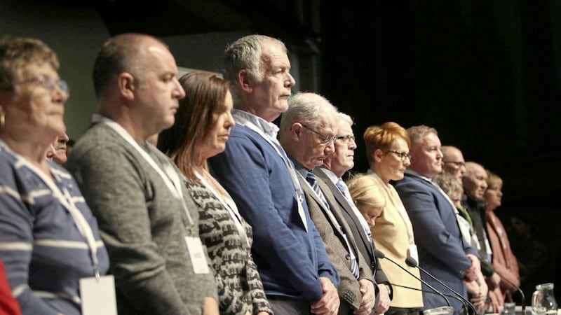 Bloody Sunday families hold a minute&#39;s silence following a press conference at the Guildhall in Derry. Picture by Margaret McLaughlin 