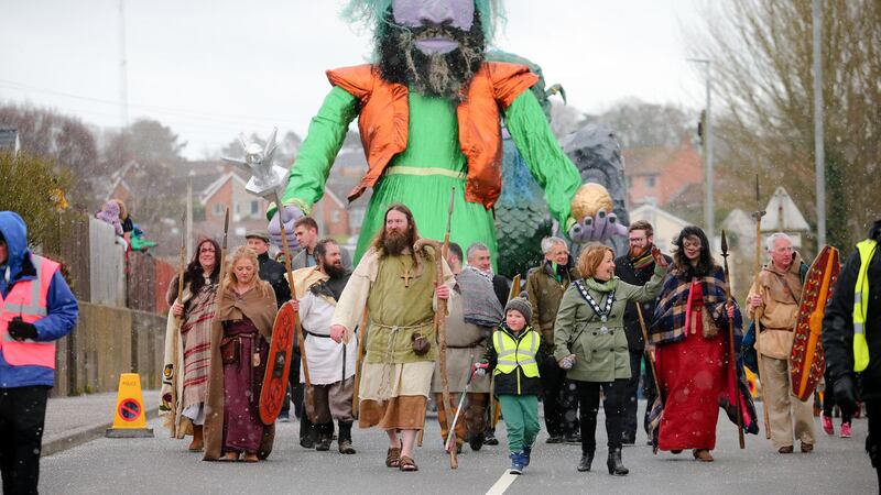 <b>THE BIG LAD:</b> Saint Patrick and some of his followers take a stroll in Downpatrick way back in the days before social distancing put a temporary halt to celebrations in honour of Ireland&rsquo;s patron saint&nbsp;