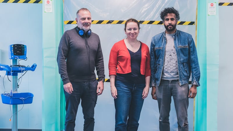 On the set of Breathless, a new ITV drama filmed in Belfast about the early days of the pandemic. Pictured l-r writers Jed Mercurio, Dr Rachel Clarke (whose book the series was based on) and Prasanna Puwanarajah,