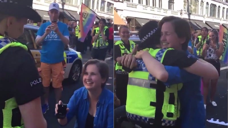A police officer’s girlfriend surprised her at the Pride march with a proposal.