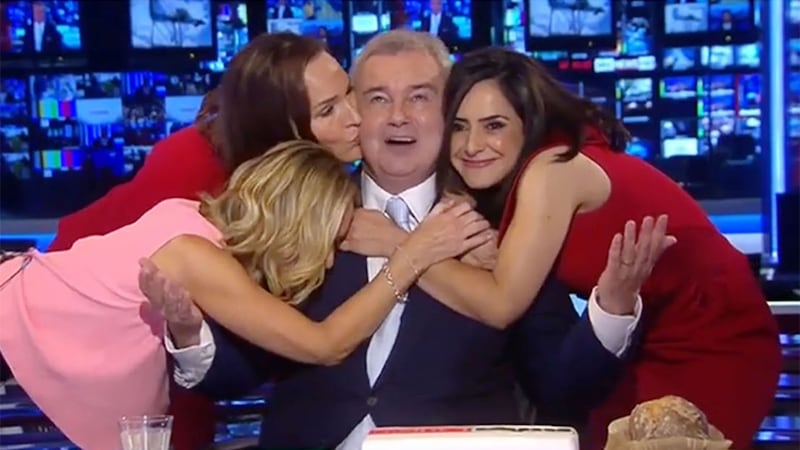 Video grab taken from Sky News of Eamonn Holmes (centre), joined by Jacquie Beltrao, Isabel Webster and Nazaneen Ghaffar, as he presents Sky News' flagship breakfast programme Sunrise for the final time after 11 years as anchor&nbsp;