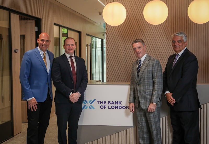 L-R: Jim Ditmore, group chief operating officer (The Bank of London), Economy Minister Gordon Lyons, Simon Robertshaw, chief operating officer UK (The Bank of London) and Mel Chittock, Invest NI interim CEO.