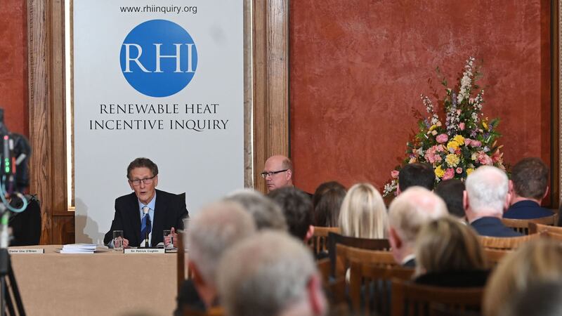 Inquiry chairman Sir Patrick Coghlin (left) presenting the findings of his Renewable Heat Incentive (RHI) public inquiry in the Long Gallery, Stormont, Belfast. Picture by PA&nbsp;