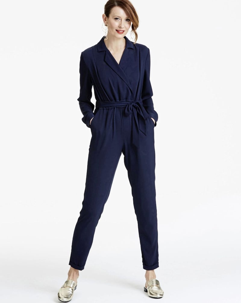 JD Williams Wrap Front Jumpsuit, &pound;45; Leather Trim Detail Closed Toe Mules, &pound;22 (were &pound;35), available from JD Williams 