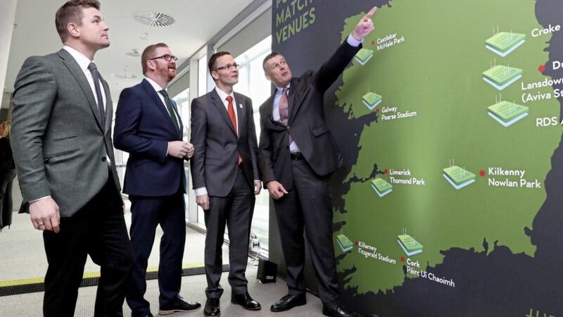 Pictured at the launch of Ireland&#39;s bid for the 2023 Rugby World Cup are Brian O&#39;Driscoll, Stormont economy minister Simon Hamilton, Irish tourism minister Patrick O&#39;Donovan and Philip Browne, CEO of the IRFU. Picture by INPHO/Billy Stickland 