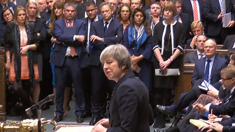 Theresa May making a statement in the House of Commons, London, where she told MPs that tomorrow's &quot;meaningful vote&quot; on her Brexit deal had been deferred&nbsp;