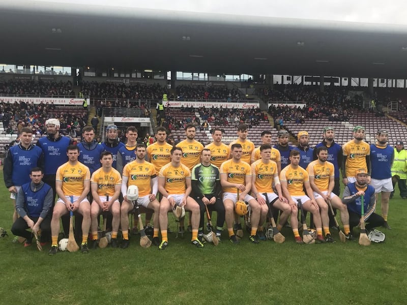 The Antrim hurling squad and officials who almost pulled off a major shock win against Galway in Ennis. Picture: Antrim GAA Twitter (<span class="username u-dir" dir="ltr" style="background: rgb(230, 236, 240); color: rgb(101, 119, 134); font-family: &quot;Segoe UI&quot;, Arial, sans-serif; font-weight: 700; unicode-bidi: embed; direction: ltr !important;"><a class="ProfileHeaderCard-screennameLink u-linkComplex js-nav" href="https://twitter.com/AontroimGAA" style="background: rgb(230, 236, 240); color: rgb(101, 119, 134);">@<span class="u-linkComplex-target" style="font-weight: normal;">AontroimGAA</span></a>)</span>