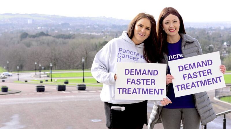Pictured at Stormont delivering the Pancreatic Cancer UK &#39;Demand Faster Treatment&#39; campaign petition are Andrea Kearns and Victoria Poole 