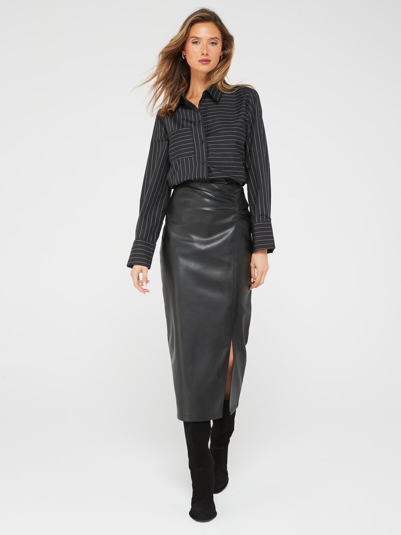 Fig & Basil Ls Pinstripe Shirt; Fig & Basil PU Ruched Midi Skirt; V by Very Wide Fit Block Heel Slouch Knee Boot With Wider Fitting Calf
