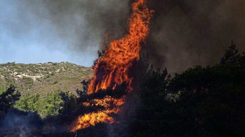 Flames burn a forest in Vati village, on the Aegean Sea island of Rhodes, forcing thousands of holiday-makers to be evacuated, which Tui says cost the business &pound;21 million 