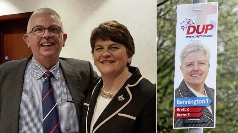 John Carson with DUP leader Arlene Foster, and right, an election poster for Alison Bennington 