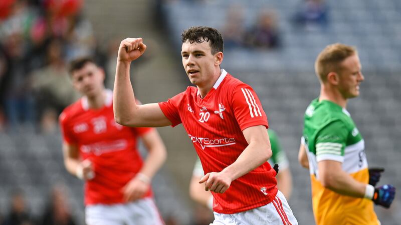 Craig Lennon of Louth celebrates scoring an extra-time point in the win over Offaly at Croke Park Picture by Sportsfile