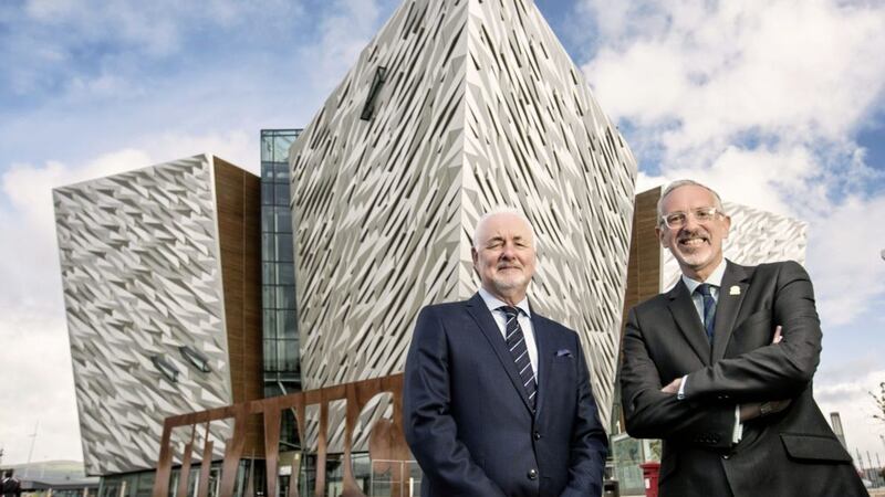 Terence Brannigan, Tourism NI chairman and Titanic Belfast chief executive Tim Husbands outside the popular tourist attraction. Titanic Belfast is experiencing its busiest year yet with an overall 22 per cent increase in footfall. 