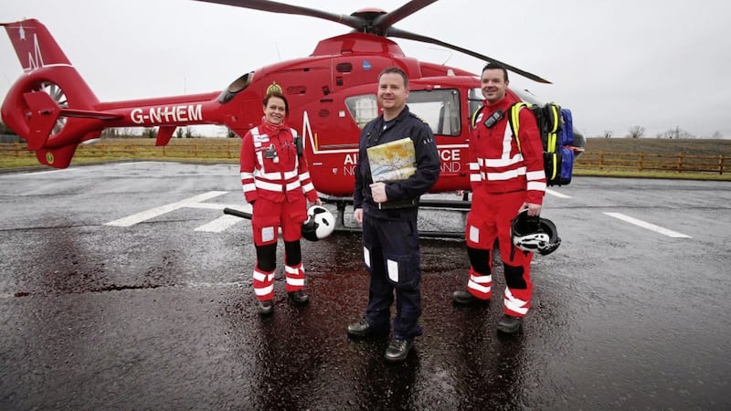 Air ambulance pilot Richard Steele with paramedics Emma Boylan and Dr Aiden Cullen Picture: Mal McCann 