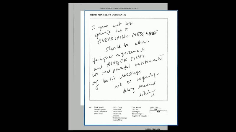 A handwritten note by former prime minister Boris Johnson in which he called for ‘BIGGER FINES’ (UK Covid-19 Inquiry/PA)