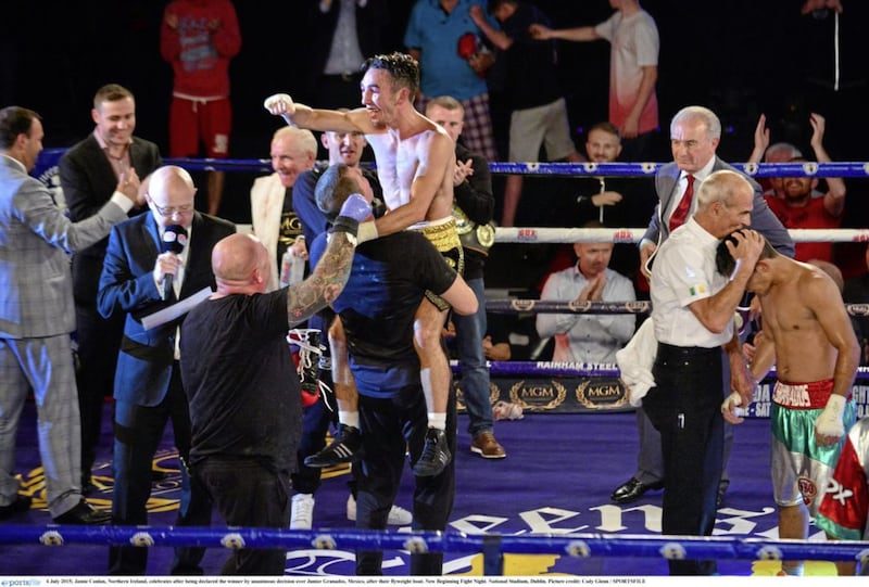 Belfast&#39;s Jamie Conlan celebrates in the ring after his sensational National Stadium fight with Mexican Junior Granados back in 2015. Picture by Sportsfile 