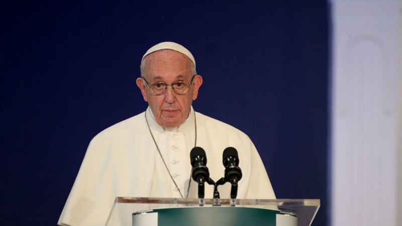 Pope Francis speaking at Dublin Castle. Picture by Niall Carson, Press Association