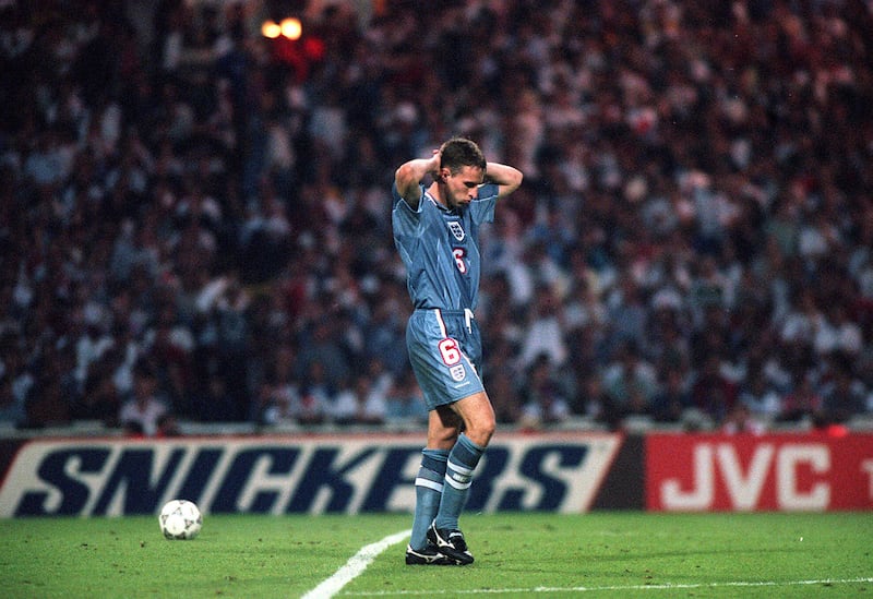 Former England footballer Gareth Southgate after missing a penalty at Euro 96