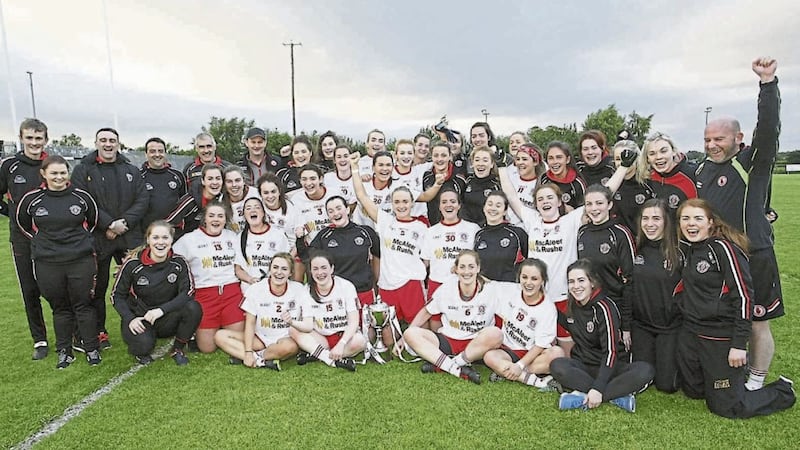 Tyrone ladies celebrate their intermediate title success on Friday evening Picture by Jim Dunne 