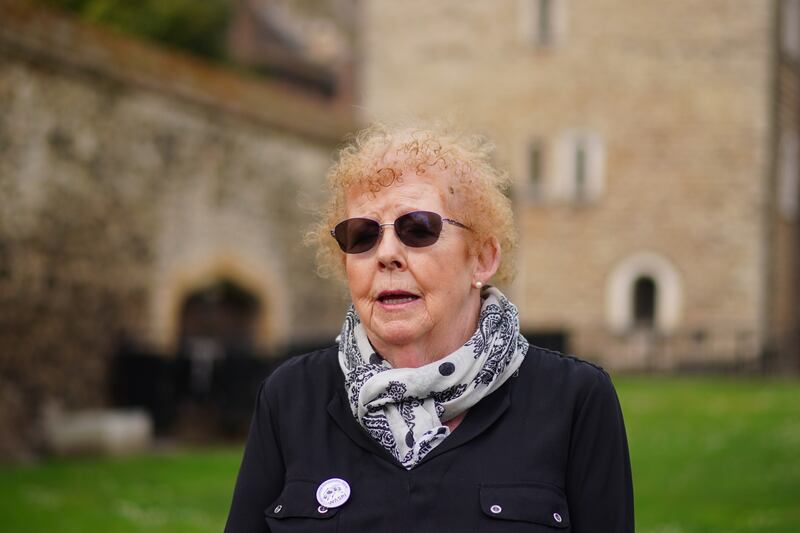 Chairwoman of Women Against State Pension Inequality (Waspi), Angela Madden speaking to the media on College Green outside the Houses of Parliament