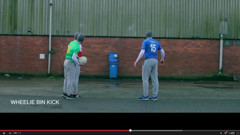 Monaghan forward Kieran Hughes watches as his effort drops into the wheelie bin