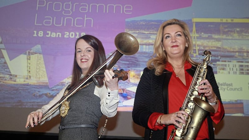 Celebrating the launch of Belfast&rsquo;s &pound;8.9 million PEACE IV Programme are Lord Mayor, Councillor Nuala McAllister, and the CEO of the Special EU Programmes Body (SEUPB) Gina McIntyre. 