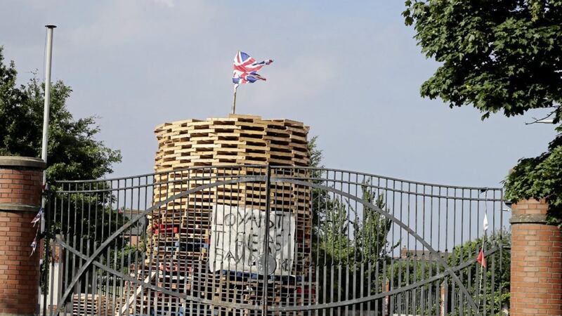 The contentious bonfire at Adam Street in Tiger&#39;s Bay north Belfast, close to the New Lodge interface  