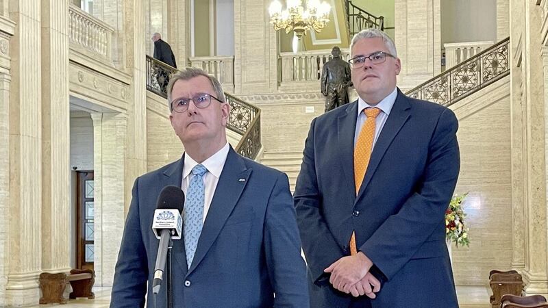 DUP leader Sir Jeffrey Donaldson, pictured with East Belfast MP Gavin Robinson at Parliament Buildings, Stormont on Tuesday, continues to boycott power-sharing. PICTURE: REBECCA BLACK/PA WIRE  