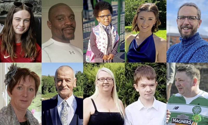 Those who died in the explosion in Creeslough on Friday: top row, left to right; Leona Harper (14), Robert Garwe (50), Shauna Flanagan Garwe (5), Jessica Gallagher (24) and James O'Flaherty (48); and bottom row, left to right, Martina Martin (49), Hugh Kelly (59), Catherine O'Donnell (39), her 13-year-old son James Monaghan, and Martin McGill (49).