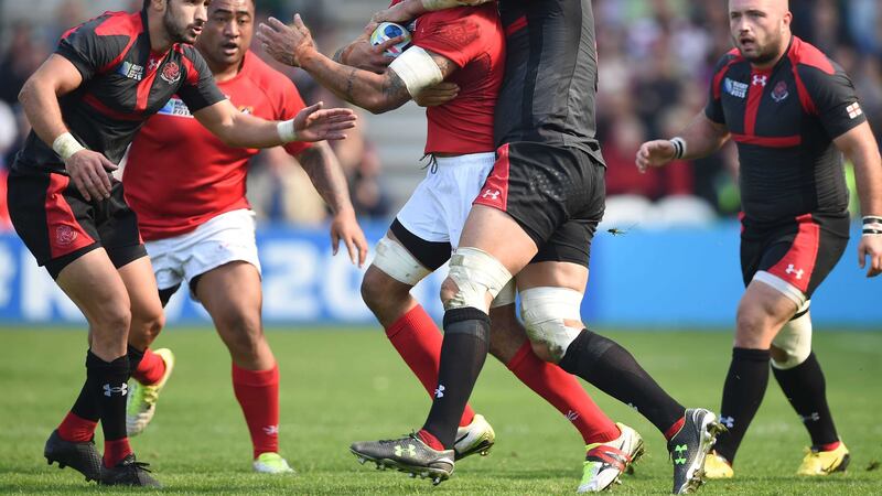 Tonga's Hale T-Pole is tackled high by Georgia's Mamuka Gorgodze during their Rugby World Cup clash at the Kingsholm Stadium<br />Picture: PA&nbsp;