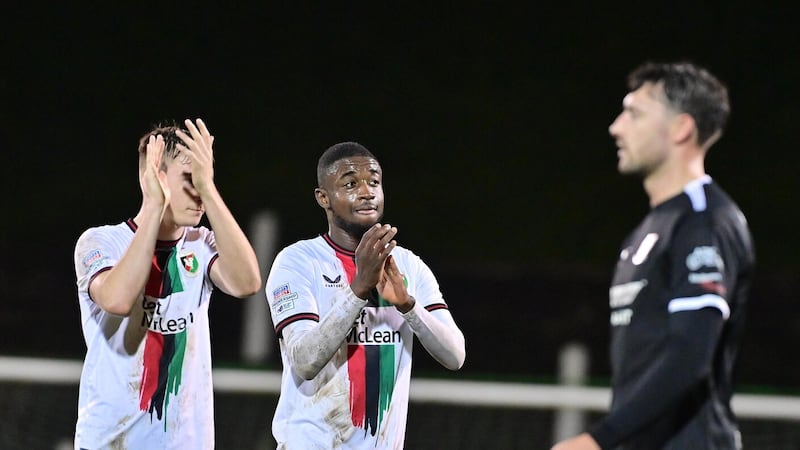 Glentoran's Junior Ogedi-Uzokwe salutes the crowd after Saturday's win over Ballymena at the Oval                              PICTURE: Colm Lenaghan/Pacemaker