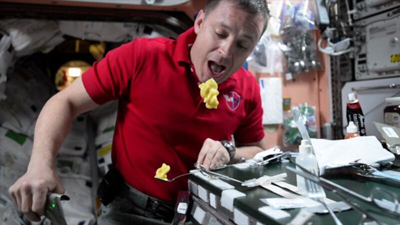 Like Nasa astronaut Jack Fischer demonstrating how to eat pudding in space.