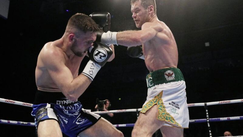 Luke Keeler goes on the front foot against Conrad Cummings during Saturday&#39;s WBO European middleweight championship bout at the SSE Arena. Picture by PA 