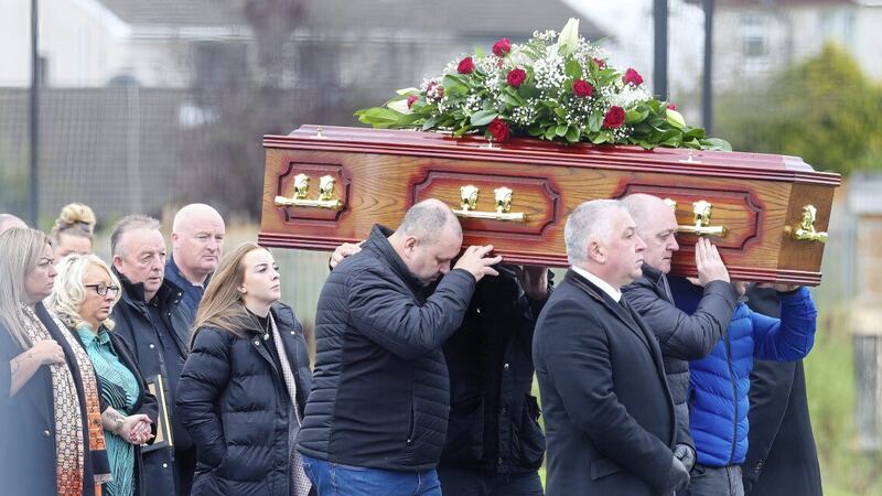 The funeral of Sean Fox who was shot dead in the Donegal Celtic Social Club on the Suffolk Road in west Belfast