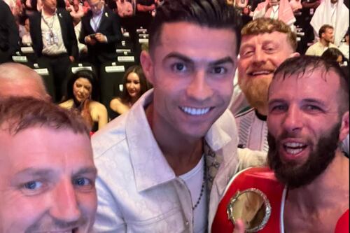 ‘Andytown Apache’ Anthony Cacace celebrates with Cristiano Ronaldo after Riyadh boxing victory