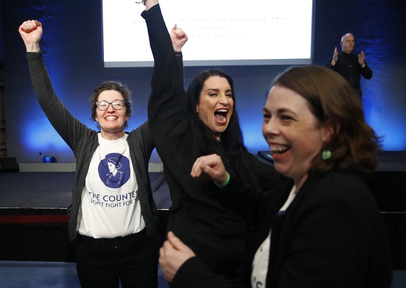 People from the human rights and advocacy group The Countess celebrated at Dublin Castle as the result is announced in the first of the twin referenda to change the Constitution on family and care